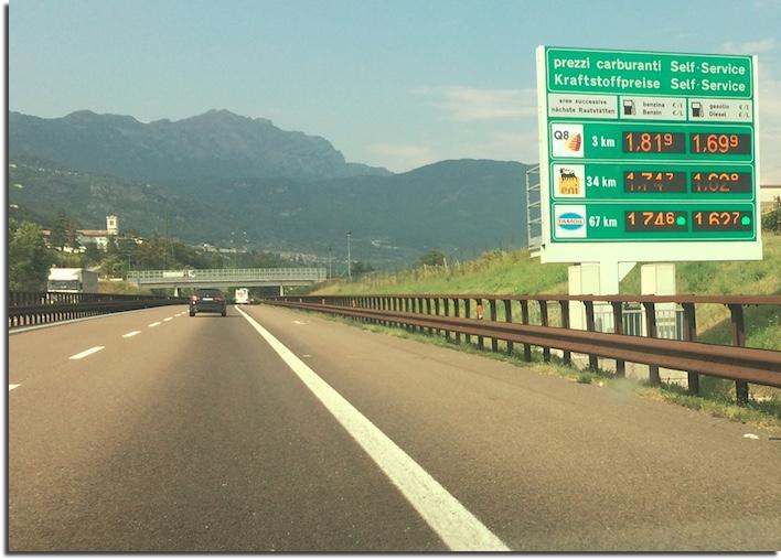 itaian motorway sign showing fuel prices